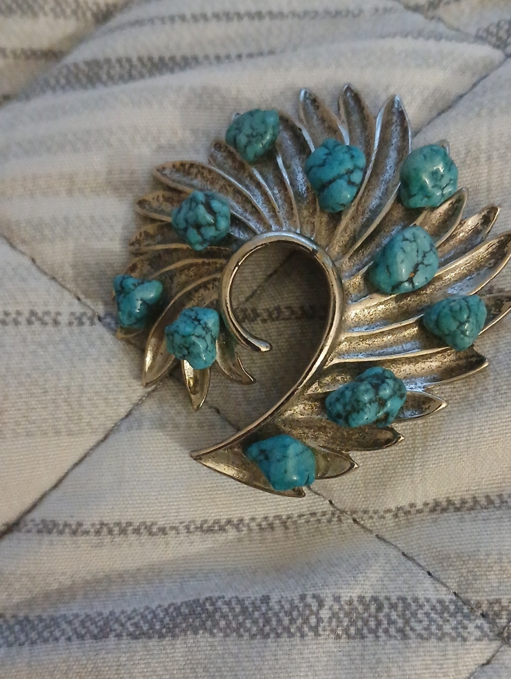 Turquoise Stone Silver-Tone Leaf Brooch - Blue